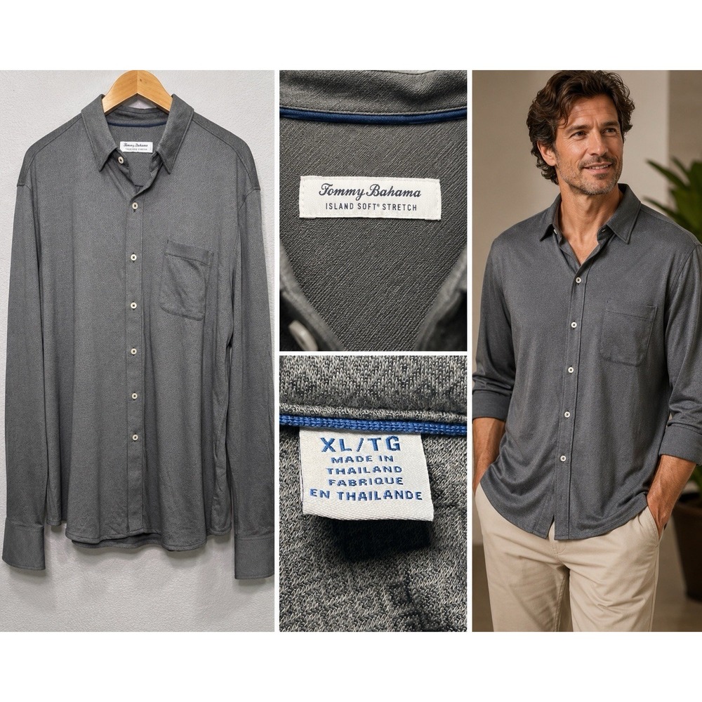 Tommy Bahama ButtoUp Shirt Mens XL Gray Herringbone San Lucio Stretch Preppy